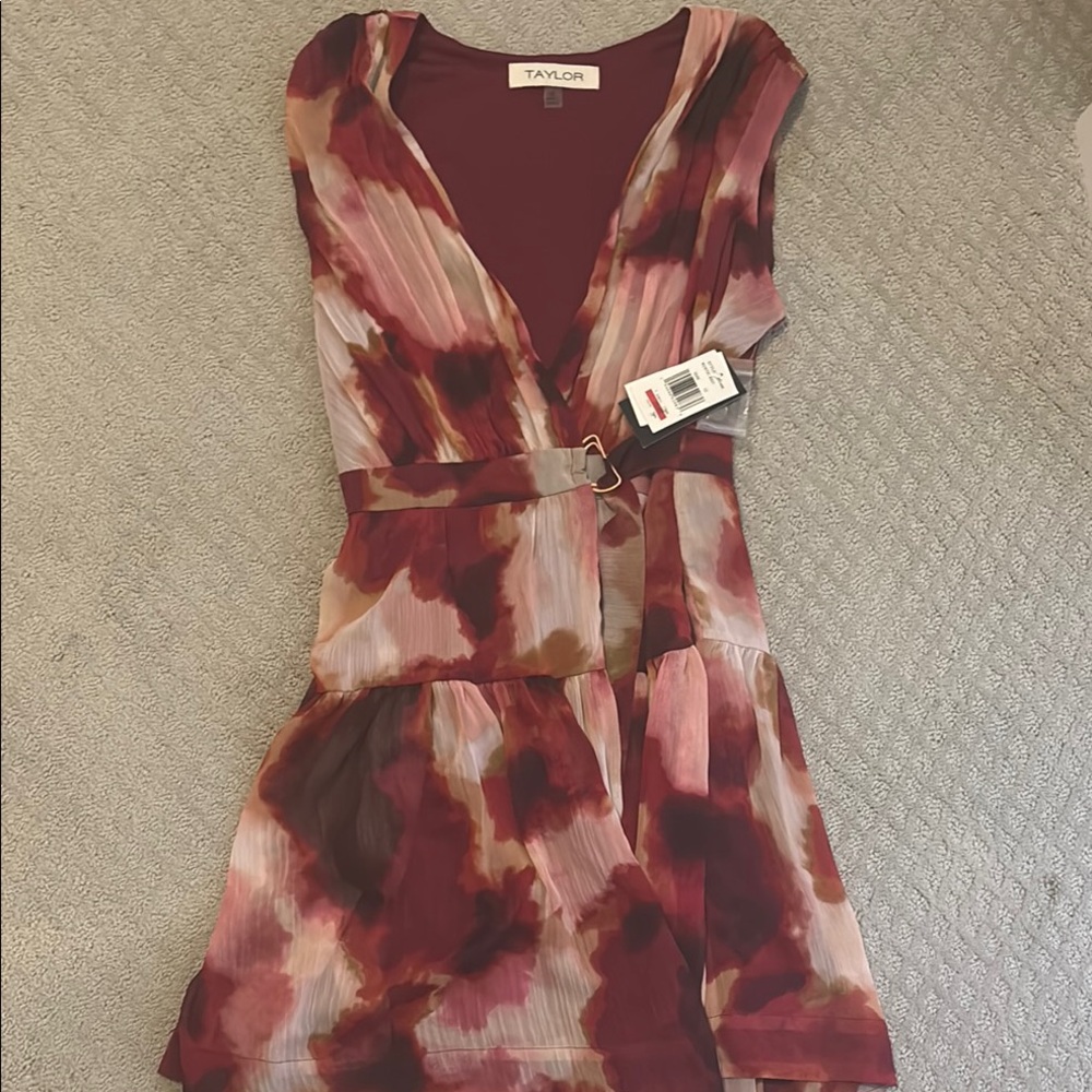 Taylor Women's Burgundy and Pink Patterned Mini Dress